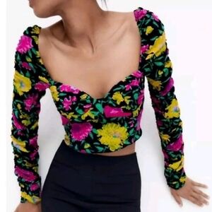 Zara Floral Print Sweetheart Neckline Long Sleeve Crop Top Women's Size XS NWT
